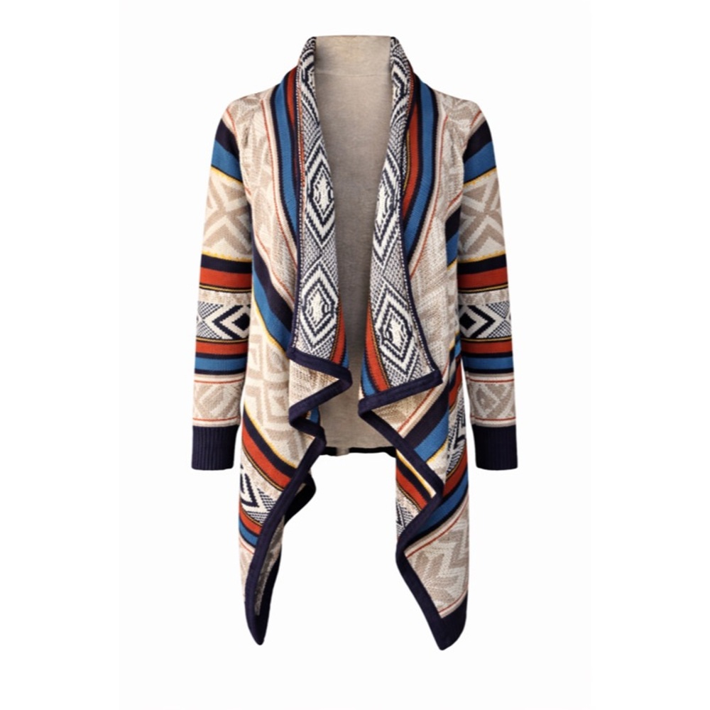 Long Cotton Cardigan Sweater Tribal Aztec Print Large Draped Tunic Length